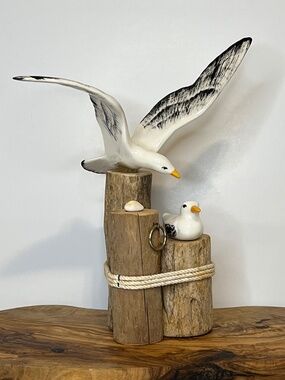 Handmade Seagull Ceramic Wood Bird Statue VANS Crafts Nautical Decor